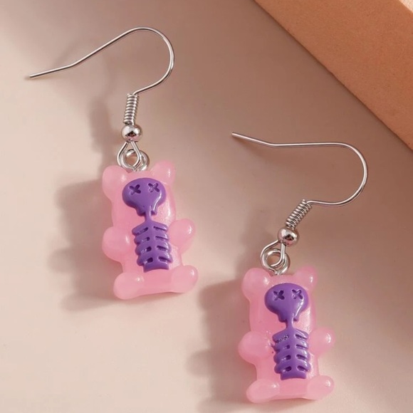 💀 Adorable Pastel Skeleton Skull Teddy Bear Drop Earrings 🐻 - Picture 2 of 4